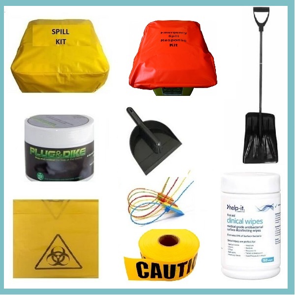accessories group pic Spill Kit Bin Lid Covers, Non-Sparking Shovels, Caution Tape, Clinical Wipes, Brush and Pan Set, Security Ties, Plug & Dike and Bio-Waste Bags