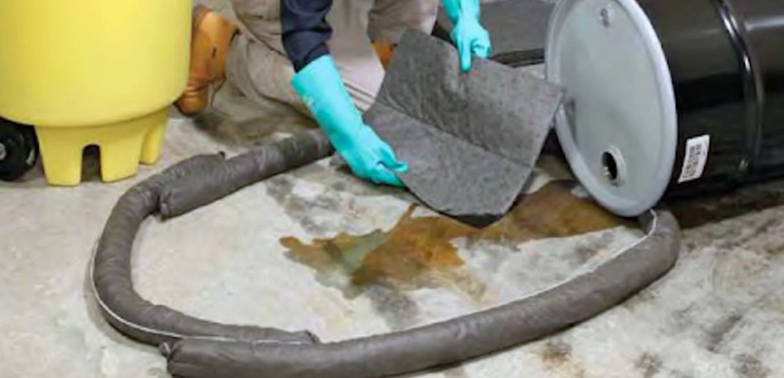 Absorbent socks forming a containment ring around a spill to keep liquids safely controlled