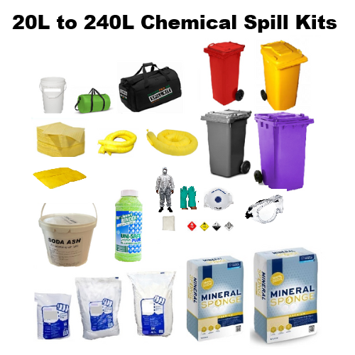 chemical spill kit and cytotoxic spill kit with yellow absorbent pads, socks, pillows, and a chemical and/or cytotoxic PPE kit.