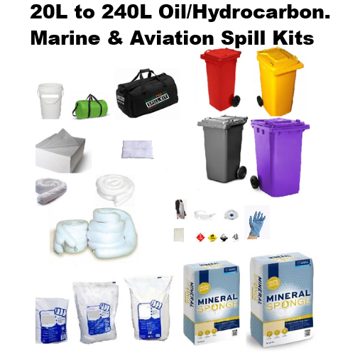 Image showing an Oil/Hydrocarbon Spill Kit with absorbent pads, Socks, Pillows, loose absorbent, PPE items, waste bags, and DG labels arranged together as a complete spill response set