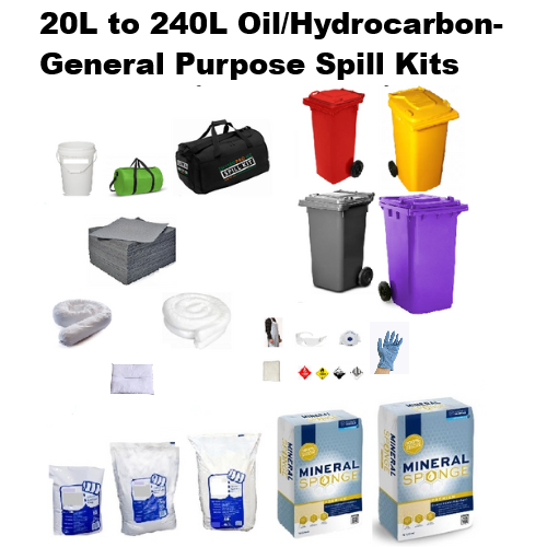 Combined Oil/Hydrocarbon and General Purpose/Universal spill kit showing white oil‑only absorbents and grey mixed‑liquid absorbents arranged beside a labelled wheelie bin, including pads, socks, pillows, PPE, and disposal bags for managing both hydrocarbon and general liquid spills