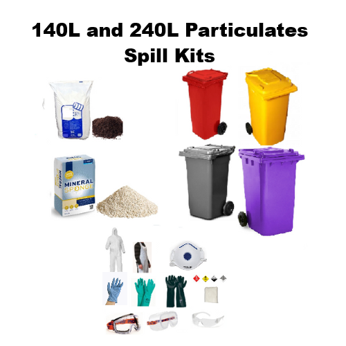Particulate absorbent spill kits designed for liquid spill control using absorbent peat or mineral sponge. These loose absorbents rapidly encapsulate liquids, reduce slip hazards, and support safe cleanup of oils, fuels, coolants, paints, water‑based solutions, and many non‑aggressive chemicals