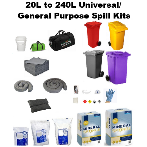 General Purpose spill kit with grey absorbent pads, socks, and pillows arranged in a labelled wheelie bin. Includes PPE, disposal bags, and instructions, showing the components used for absorbing mixed‑liquid spills such as coolants, paints, and oils